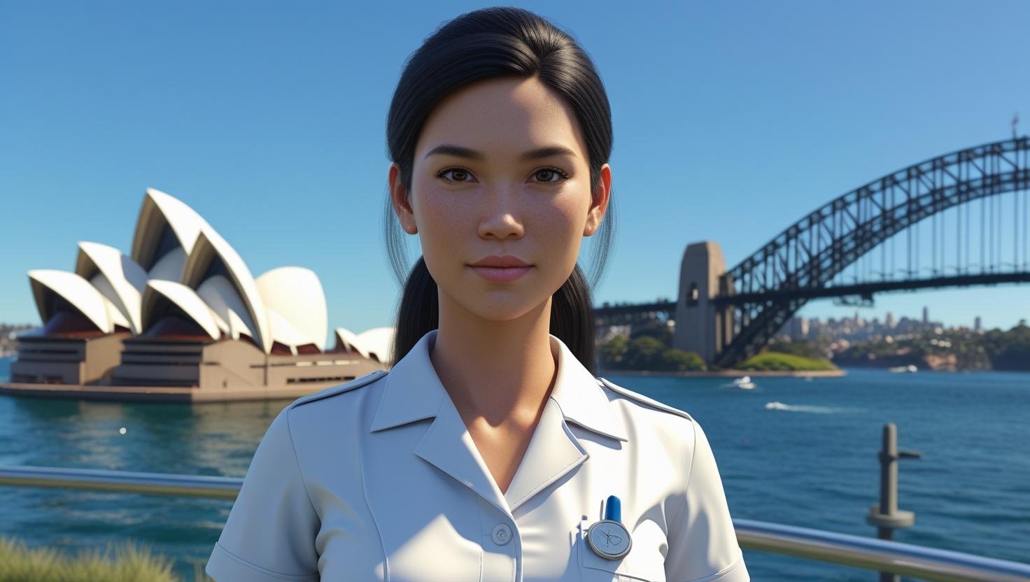 Filipino nurse standing by Sydney Harbour make it realistic